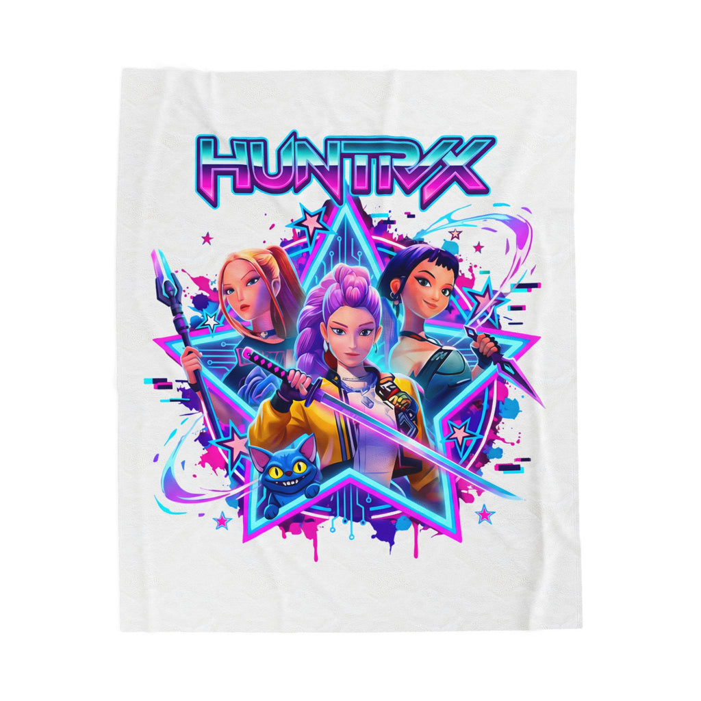 HUNTRX Anime Girl Squad Velveteen Plush Blanket — Neon Retro Gaming Throw