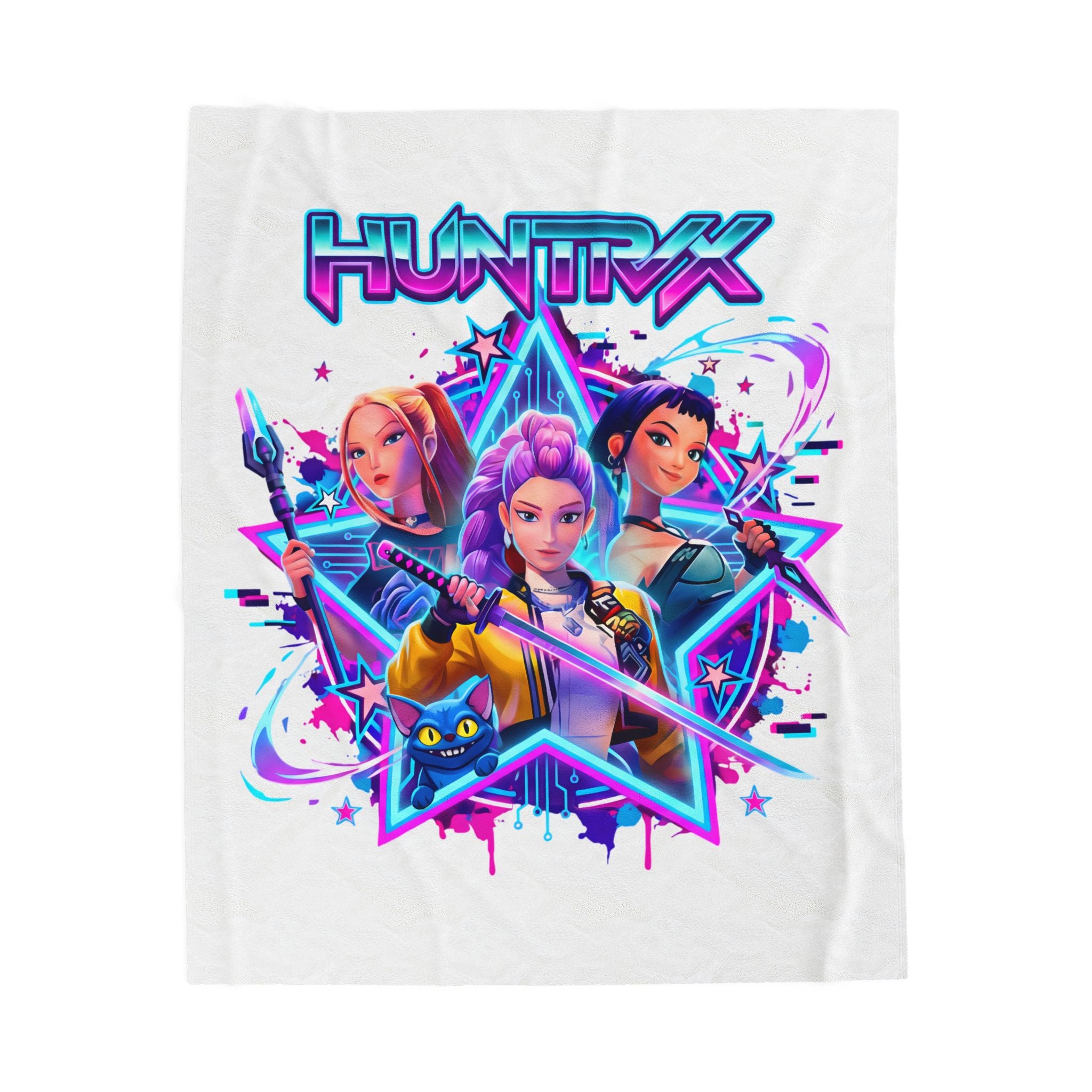 HUNTRX Anime Girl Squad Velveteen Plush Blanket — Neon Retro Gaming Throw