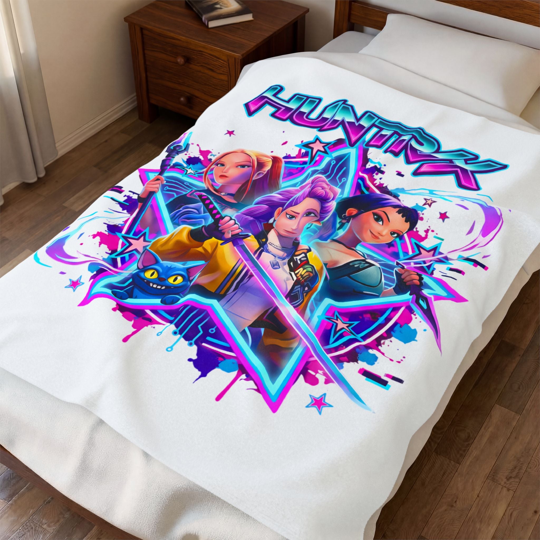 HUNTRX Anime Girl Squad Velveteen Plush Blanket — Neon Retro Gaming Throw