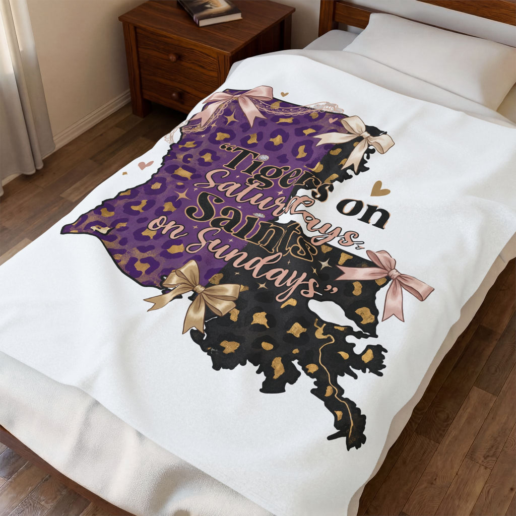 "Tigers on Saturdays, Saints on Sundays" Purple Leopard Louisiana Throw