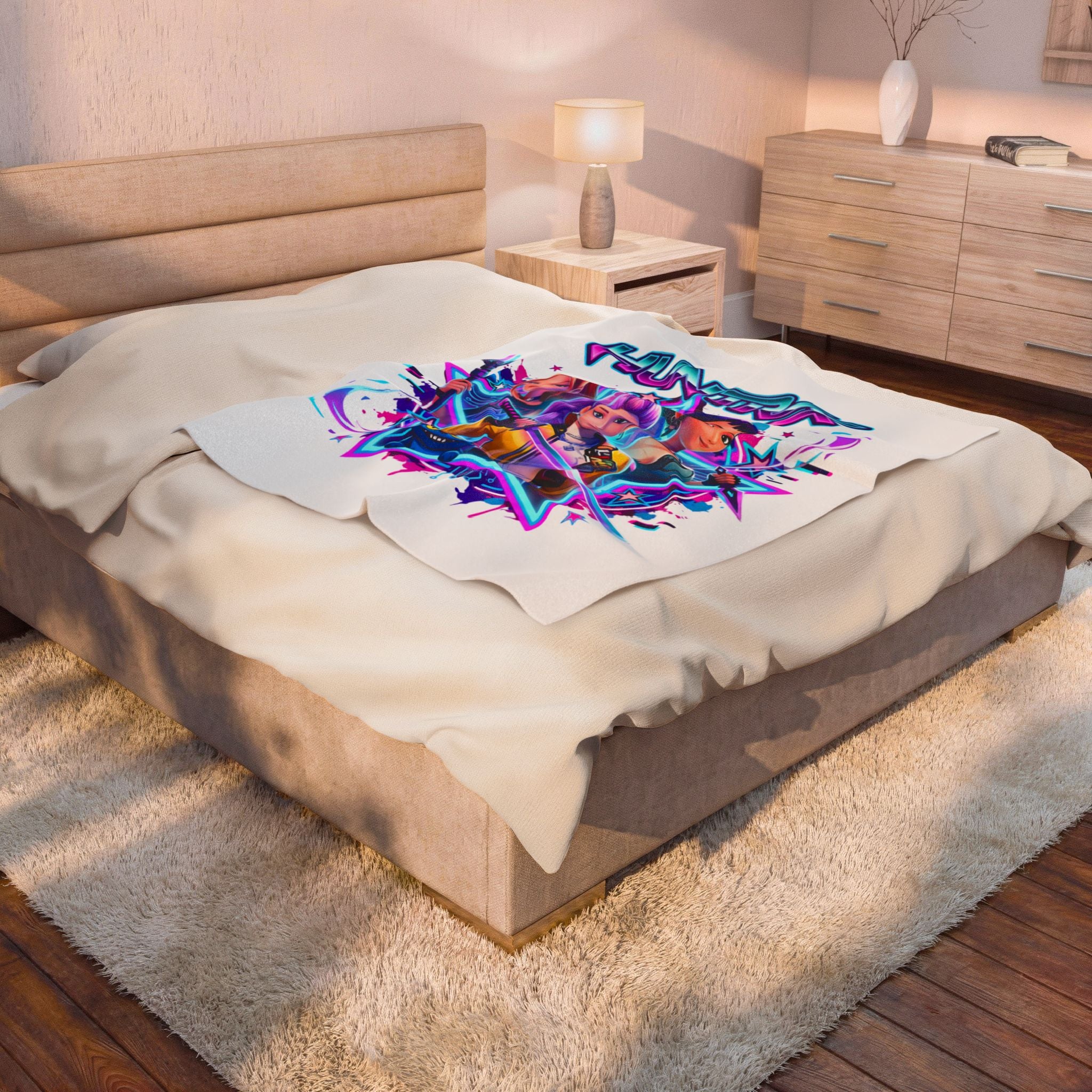 HUNTRX Anime Girl Squad Velveteen Plush Blanket — Neon Retro Gaming Throw